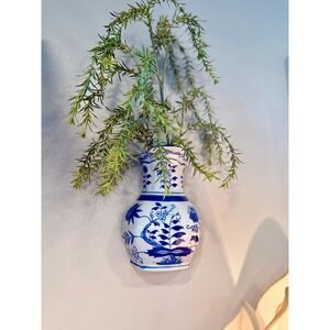 Vintage Blue & White Wall Pocket Vase • Chinoiserie Floral Hanging Planter